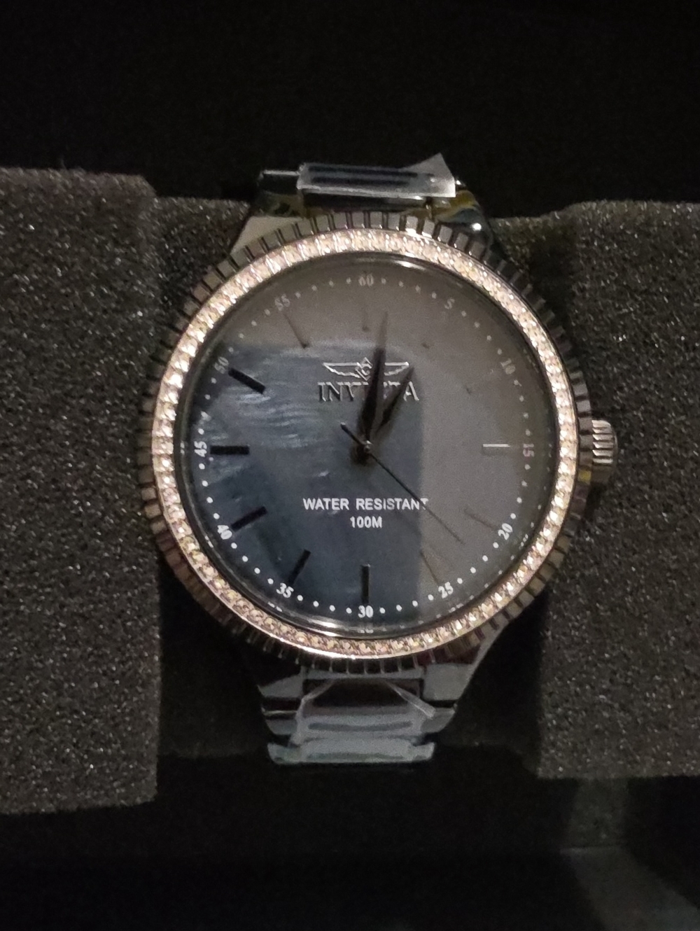 Invicta Black Dial Silver-Tone Crystal Bezel Stainless Steel Watch